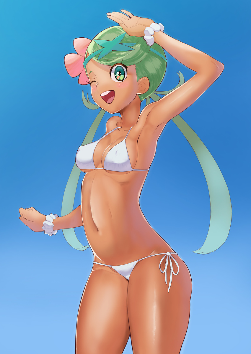 absurdres armband bad_anatomy bikini blue_sky breasts cleavage dark_skin day flower hair_flower hair_ornament hand_on_own_head highres long_hair looking_to_the_side mao_(pokemon) one_eye_closed pokemon pokemon_(game) pokemon_sm sky small_breasts solo swimsuit toranoe trial_captain twintails white_bikini