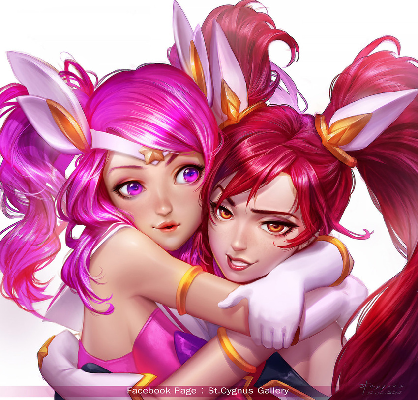 2girls alternate_costume alternate_hairstyle brown_eyes highres hug jinx_(league_of_legends) league_of_legends luxanna_crownguard magical_girl multiple_girls nutthapon_petchthai pink_hair purple_eyes red_hair smile star_guardian_jinx star_guardian_lux twintails
