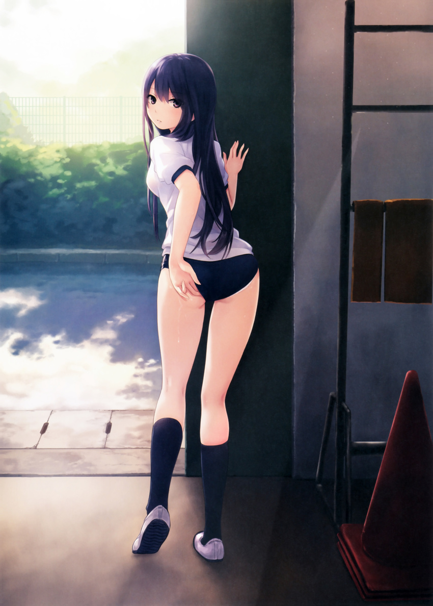 absurdres adjusting_buruma adjusting_clothes ass bangs black_eyes black_hair blue_buruma buruma coffee-kizoku from_behind gym_uniform highres kneehighs kneepits long_hair looking_back navy_blue_legwear original panties panties_under_buruma scan shiramine_rika shirt shoes solo standing traffic_cone underwear uwabaki