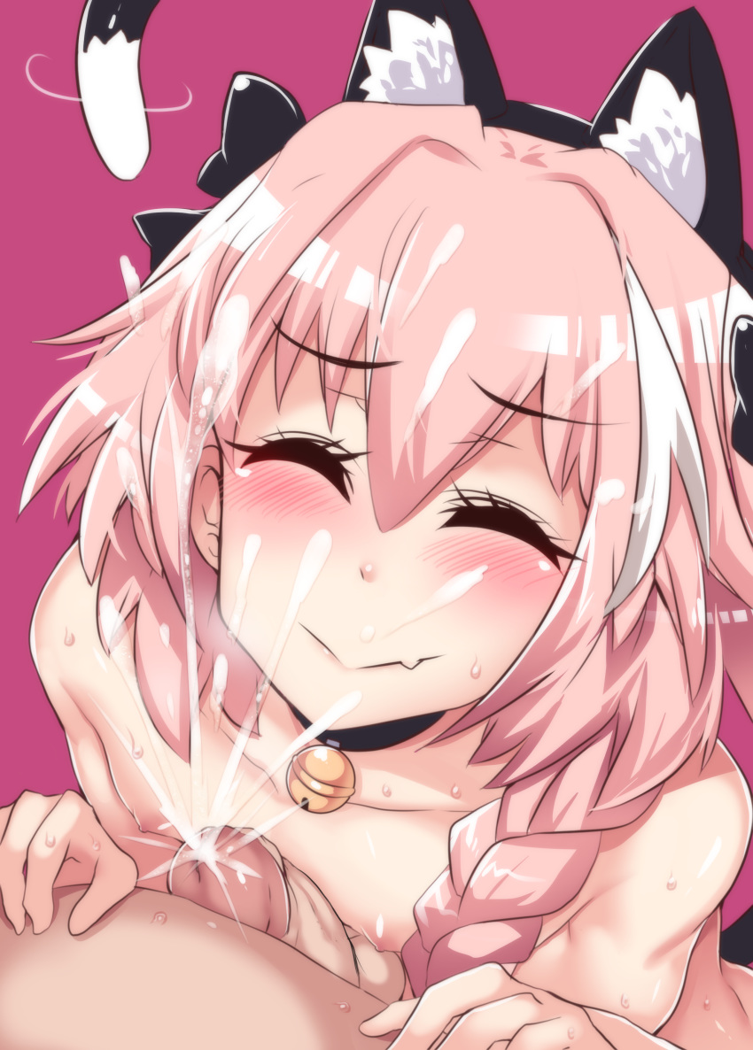 absurdres animal_ears astolfo_(fate) bell black_bow blush bow braid cat_ears cat_tail closed_mouth collar collarbone cum ejaculation erection eyebrows_visible_through_hair eyelashes eyes_closed fate/apocrypha fate/grand_order fate_(series) hair_between_eyes hair_intakes hair_ribbon highres hinghoi jingle_bell long_braid long_hair looking_at_viewer looking_up male_focus multicolored_hair multiple_boys naizuri nipples open_mouth otoko_no_ko paid_reward patreon_reward penis pink_background pink_hair projectile_cum ribbon shiny shiny_hair simple_background single_braid smile streaked_hair tail trap uncensored yaoi