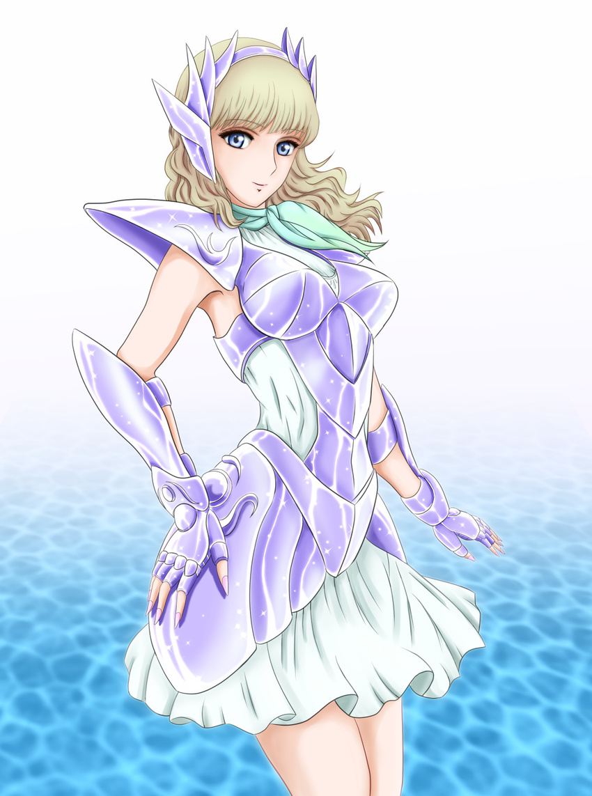 armor blonde_hair blue_eyes breastplate breasts brown_hair delphinus_mii dress gauntlets highres kerchief kiryu_(pixiv1983506) large_breasts long_hair looking_at_viewer nail_polish saint_seiya saint_seiya_saintia_sho solo tiara water white_dress