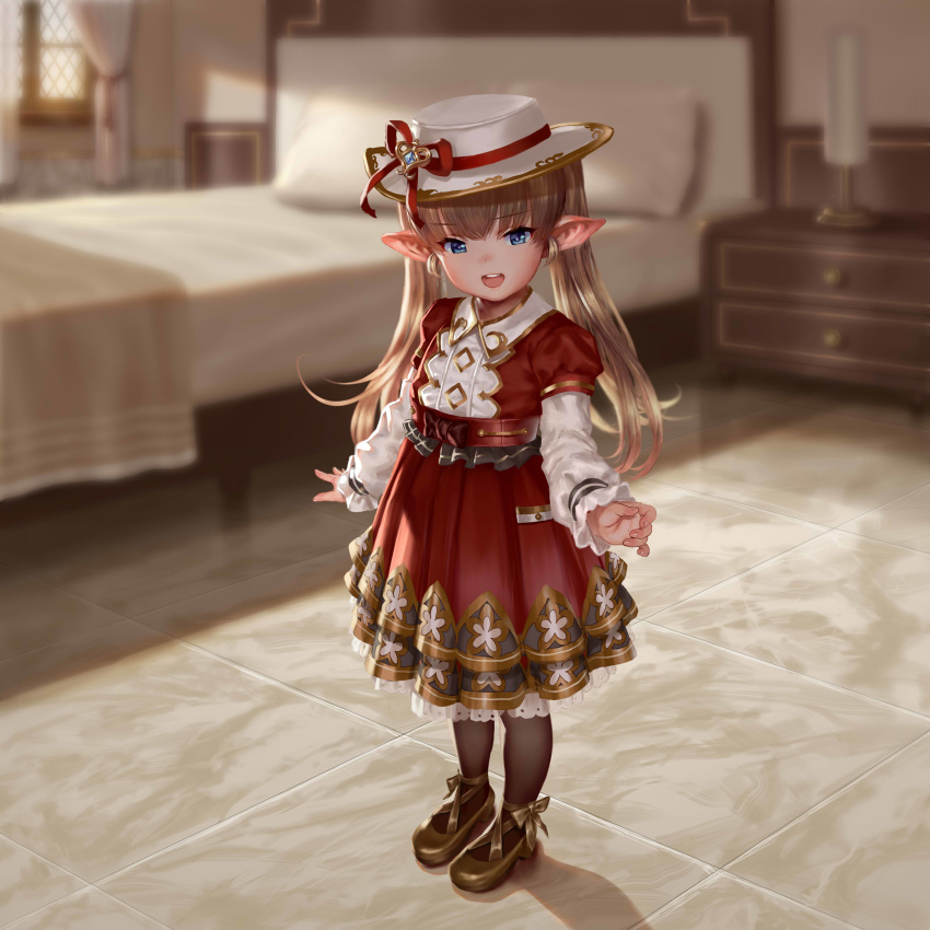 1girl absurdres asakuraf bangs black_legwear blonde_hair blue_eyes blush dress drusilla eyebrows_visible_through_hair granblue_fantasy harvin hat hat_ribbon highres indoors long_hair long_sleeves looking_at_viewer open_mouth pantyhose pointy_ears puffy_short_sleeves puffy_sleeves red_dress red_ribbon ribbon shirt shoes short_sleeves smile solo standing twintails white_hat white_shirt