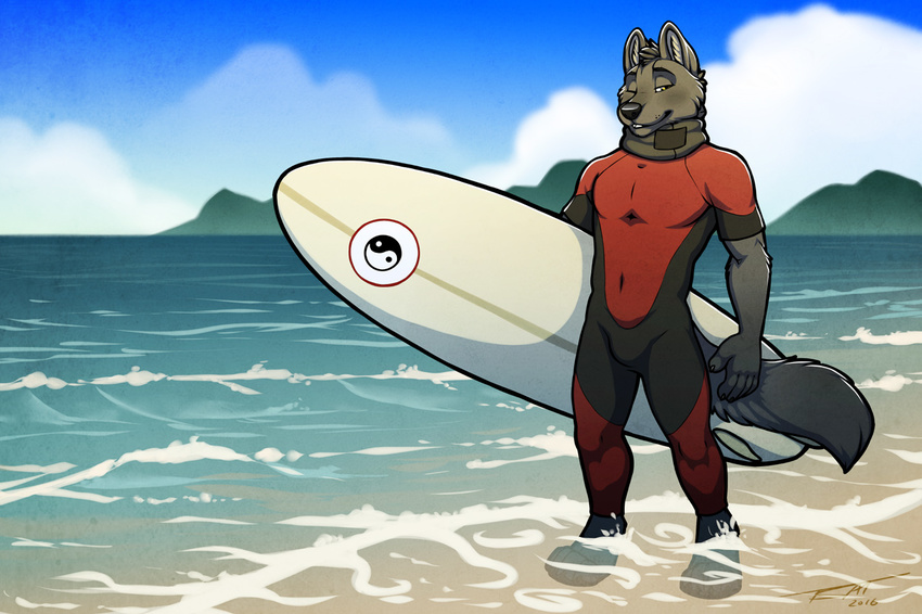 2016 4_toes 5_fingers anthro black_fur black_hair black_nose black_tail blue_sky bodysuit bulge canine claws clothed clothing cloud day detailed_background digital_media_(artwork) digitigrade front_view full-length_portrait fur hair holding_object landscape looking_at_viewer male mammal marshall mountain one_eye_closed outside partially_submerged portrait sea signature skinsuit sky smile solo standing surfboard surfer symbol tight_clothing toes tsaiwolf water wink wolf yellow_eyes yin_yang