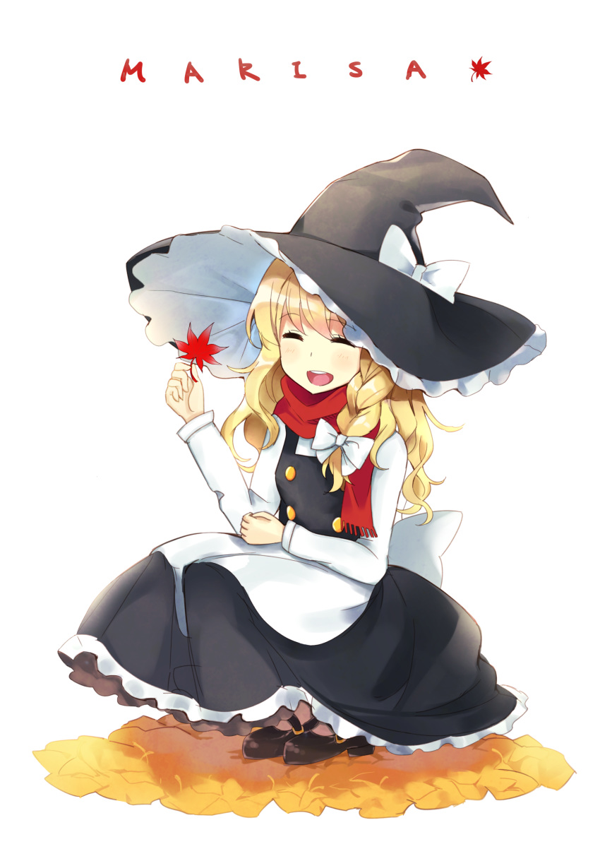 1girl absurdres apron autumn autumn_leaves black_dress black_footwear blonde_hair bow braid character_name commentary dress eyebrows_visible_through_hair eyes_closed frilled_dress frills full_body hair_bow hat hat_bow highres holding holding_leaf kirisame_marisa leaf long_hair long_sleeves multicolored multicolored_clothes multicolored_dress open_mouth red_neckwear red_scarf satori_(pixiv) scarf shoes simple_background smile solo touhou waist_apron white_apron white_background white_bow white_dress witch_hat