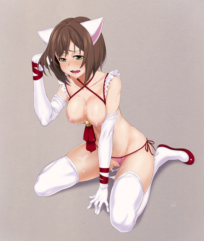 absurdres animal_ears bell blush breasts brown_hair cat_ears commentary_request criss-cross_halter cum cum_on_body cum_on_breasts cum_on_upper_body elbow_gloves fang full_body gloves green_eyes halter_top halterneck highres idolmaster idolmaster_cinderella_girls large_breasts lingerie looking_at_viewer maekawa_miku navel nipples oku_(okumen) open_mouth panties panties_aside red_footwear ribbon shoes short_hair simple_background sitting solo thighhighs underwear wariza white_gloves white_legwear
