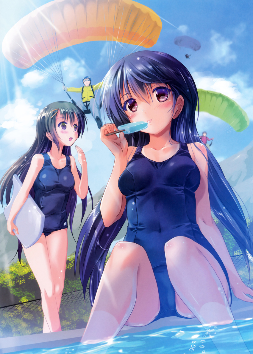 absurdres blue_hair blue_swimsuit blush breasts chain-link_fence day fence food green_hair highres holding holding_food ice_cream kickboard komatsu_eiji light_rays long_hair medium_breasts multiple_girls old_school_swimsuit one-piece_swimsuit open_mouth original outdoors parachute poolside popsicle scan school_swimsuit sitting soaking_feet standing swimsuit water