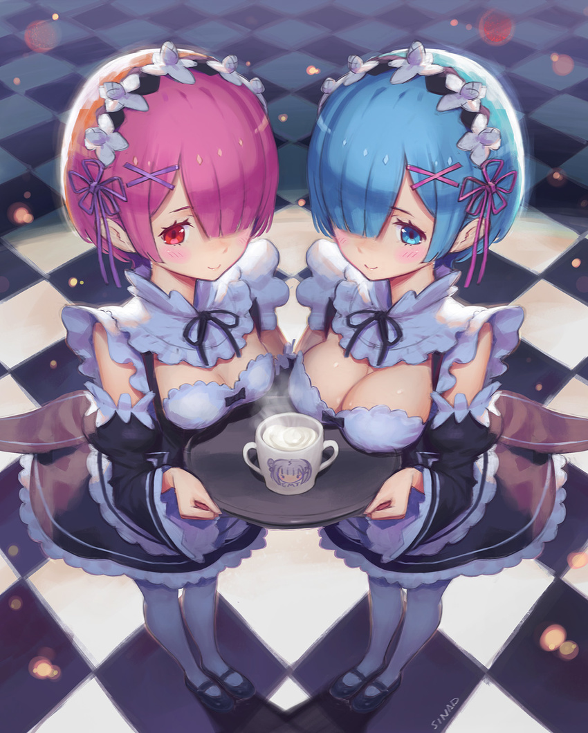 apron artist_name black_footwear black_ribbon blue_eyes blue_hair blush breast_rest breasts breasts_on_tray cameo carried_breast_rest checkered checkered_floor cleavage detached_sleeves emilia_(re:zero) frilled_sleeves frills from_above full_body hair_ornament hair_over_one_eye hair_ribbon hairclip highres looking_at_viewer maid maid_headdress mary_janes medium_breasts multiple_girls pantyhose pink_eyes pink_hair pink_ribbon ram_(re:zero) re:zero_kara_hajimeru_isekai_seikatsu rem_(re:zero) ribbon ribbon_trim shoes short_hair siblings sinad_aruatjanapat sisters small_breasts symmetry teapot tray twins underbust white_legwear x_hair_ornament