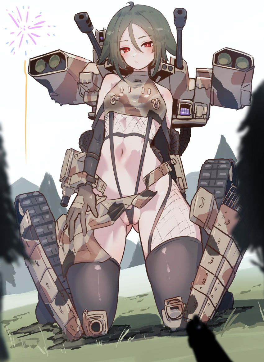 1girl absurdres aerial_fireworks ass_visible_through_thighs bmpt_terminator camouflage commentary_request fireworks fishnet_top fishnets gloves grass gun highres kneeling mecha_musume natsukaze_shigure navel original personification red_eyes shadow solo stomach thighhighs weapon