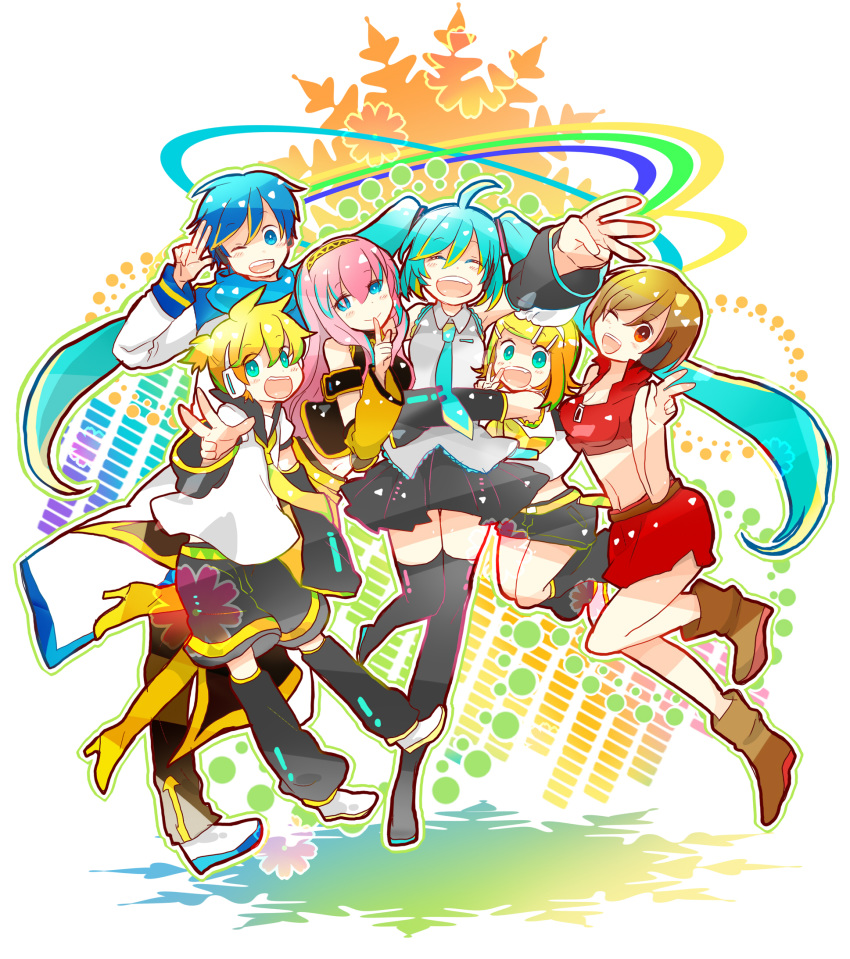 2boys 4girls 7:24 :d ;d ^_^ aqua_eyes black_skirt blue_hair blue_neckwear blush blush_stickers boots brown_eyes closed_eyes coat detached_sleeves eyebrows_visible_through_hair eyes_closed finger_to_mouth floating_hair full_body gradient gradient_background grey_shirt hair_ribbon happy hatsune_miku headset highres hug jumping kagamine_len kagamine_rin kaito long_hair looking_at_viewer megurine_luka meiko multicolored multicolored_background multiple_boys multiple_girls necktie one_eye_closed open_mouth pink_hair red_eyes red_skirt ribbon salute scarf shirt shorts simple_background skirt sleeveless sleeveless_shirt smile thighhighs thighs twintails upper_body v very_long_hair vocaloid white_background white_ribbon