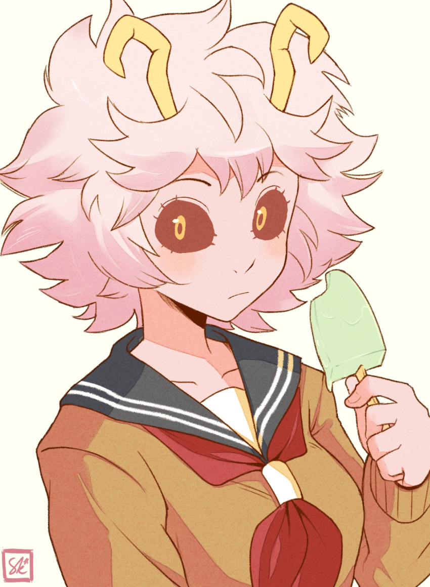 1girl ashido_mina black_sclera boku_no_hero_academia highres horns ice_cream_bar long_sleeves pink_hair pink_skin red_neckwear sally_(luna-arts) short_hair signature simple_background solo white_background yellow_eyes