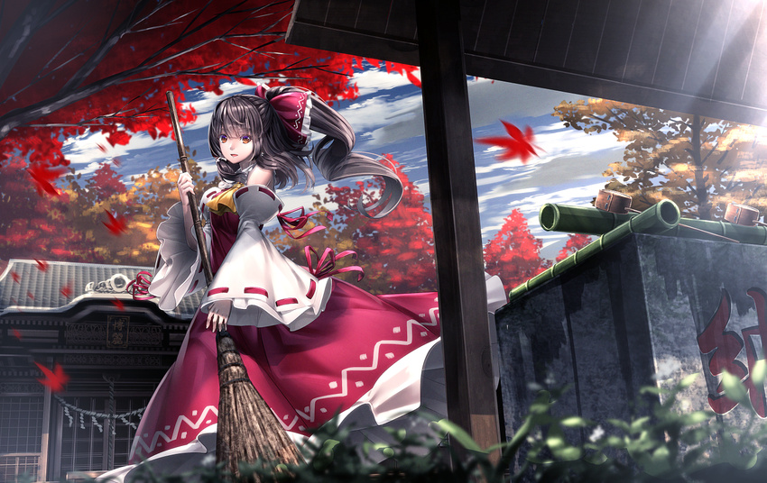architecture ascot autumn_leaves bamboo_broom black_hair blurry bow broom cloud cloudy_sky day depth_of_field detached_sleeves dress east_asian_architecture falling_leaves from_side grass hair_bow hair_tubes hakurei_reimu hakurei_shrine holding holding_broom japanese_clothes leaf long_hair looking_at_viewer looking_to_the_side maple_leaf miko outdoors parted_lips ponytail red_bow red_dress red_eyes ribbon-trimmed_sleeves ribbon_trim ryosios shrine sky smile solo sunlight touhou wide_sleeves