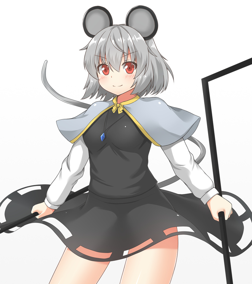 &gt;:) animal_ears arms_at_sides black_dress blush breasts capelet closed_mouth commentary_request cowboy_shot dowsing_rod dress dual_wielding grey_hair highres holding jewelry long_sleeves looking_at_viewer medium_breasts mouse_ears mouse_tail nazrin pendant red_eyes smile solo tail touhou v-shaped_eyebrows white_background yuu_(yu0221f)