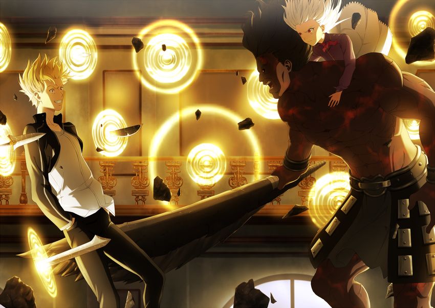 2boys berserker black_hair blonde_hair collarbone dark_skin fate/stay_night fate_(series) gate_of_babylon gilgamesh grin hands_in_pockets holding holding_sword holding_weapon illyasviel_von_einzbern knife long_hair multiple_boys red_eyes seirei911 silver_hair smile sword weapon