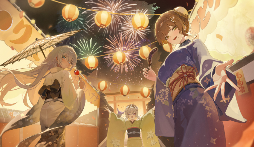 3girls absurdres adelheid_(chaos_zero_nightmare) aerial_fireworks blue_eyes breasts brown_hair candy_apple chaos_zero_nightmare character_request chinese_hairstyle commentary fireworks food green_kimono grey_hair highres holding holding_candy_apple holding_food holding_umbrella japanese_clothes kimono large_breasts looking_at_viewer multiple_girls night oil-paper_umbrella purple_kimono reaching reaching_towards_viewer rega short_hair smile umbrella untranslatable_commentary white_kimono yellow_eyes yuki_(chaos_zero_nightmare)
