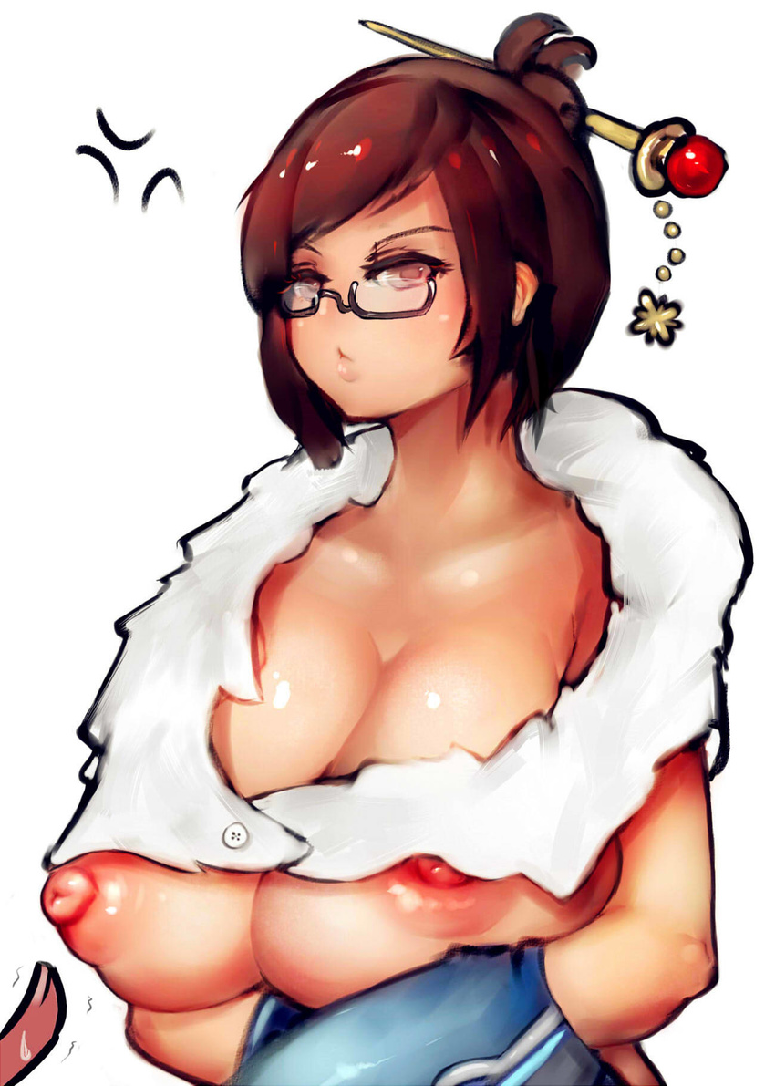 1girl angry areolae blue_gloves breasts brown_eyes brown_hair glasses gloves hair_bun hair_ornament highres huge_breasts lapaco male_hand mei_(overwatch) nipple_slip nipples no_bra overwatch puffy_nipples sagging_breasts short_hair simple_background standing upper_body white_background