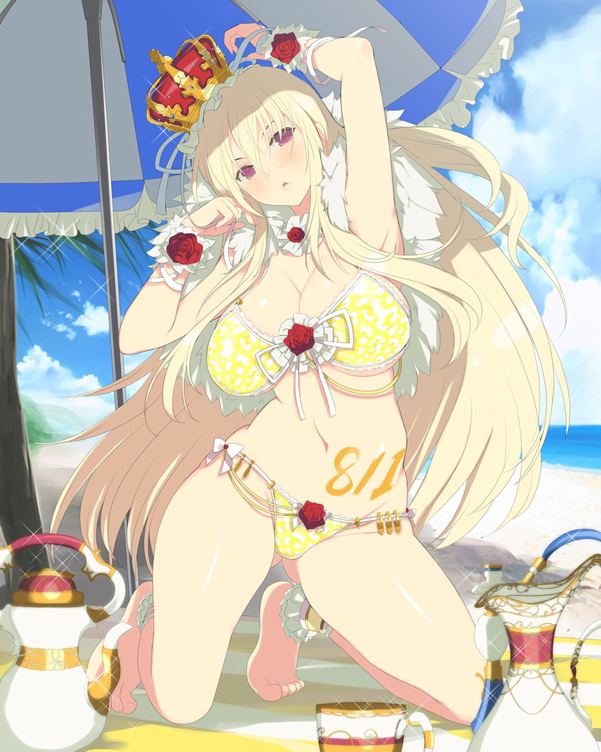 :o adjusting_hair ankle_garter arm_up armpits ass_visible_through_thighs bangs barefoot beach beach_towel beach_umbrella bikini blonde_hair blush body_writing bow breasts capelet cleavage cloud crown cup day fingernails flower frills full_body fur_trim gem groin hair_between_eyes hand_up head_tilt highres hips kneeling lace lace-trimmed_bikini large_breasts legs_apart leo_(senran_kagura) long_fingernails long_hair navel number ocean official_art outdoors palm_tree parted_lips purple_eyes red_flower red_rose ribbon rose sapphire_(stone) senran_kagura senran_kagura_new_wave shade sideboob sidelocks sky solo sparkle striped swimsuit teacup teapot tiptoes towel tree umbrella underboob very_long_hair waifu2x water wrist_cuffs yaegashi_nan yellow_bikini