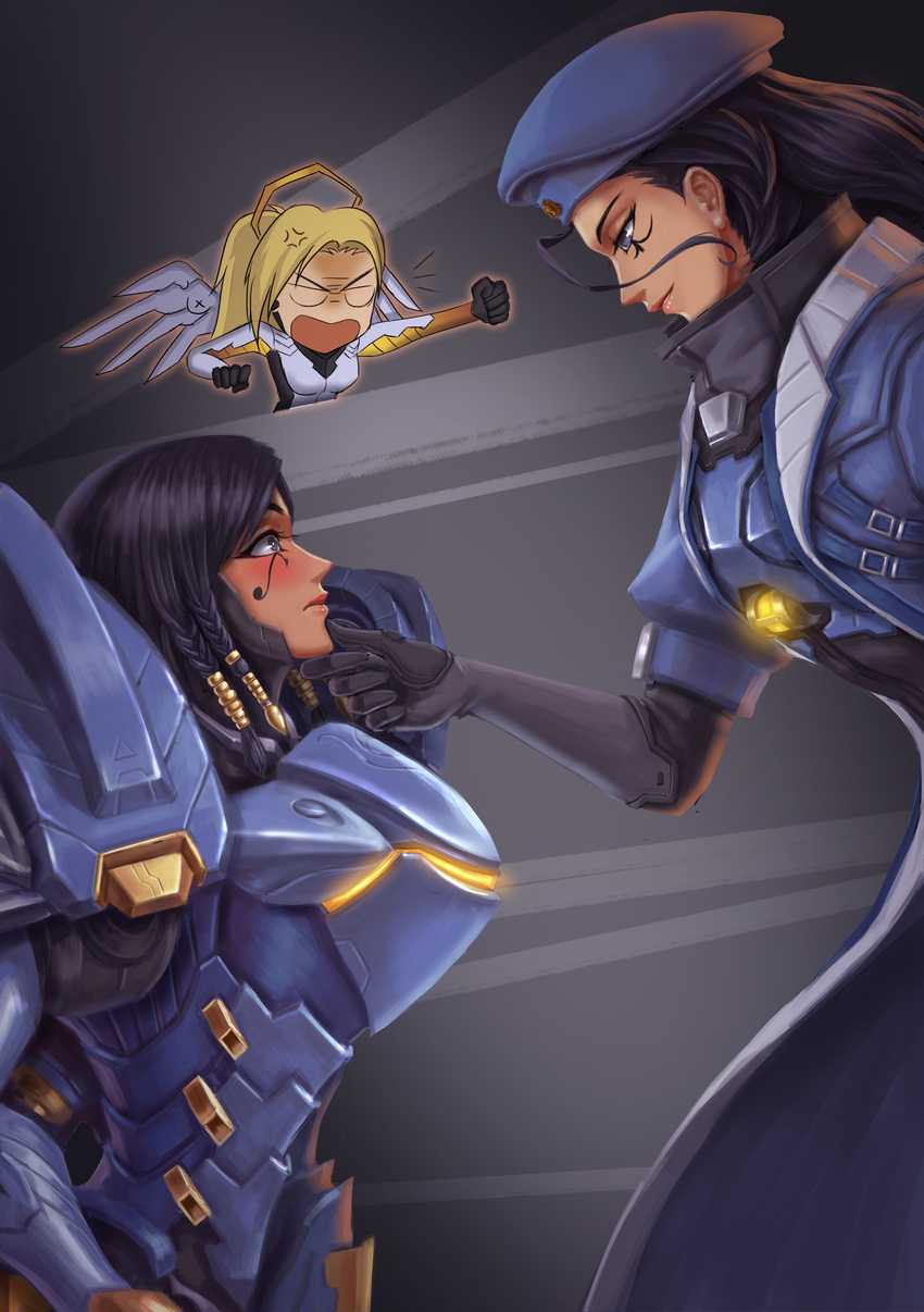 absurdres alternate_costume ana_(overwatch) angry beret black_hair blush brilliant_naraku captain_amari commentary_request dark_skin eye_contact hand_on_another's_face hat highres incest jealous looking_at_another mercy_(overwatch) mother_and_daughter multiple_girls overwatch pharah_(overwatch) power_armor time_paradox younger yuri