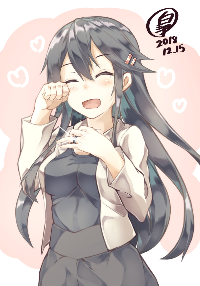 1girl :d ^_^ alternate_costume bangs black_hair black_shirt black_skirt blush breasts casual closed_eyes commentary_request dated eyes_closed glint hair_between_eyes hair_ornament hairclip hands_up haruna_(kantai_collection) heart highres jacket jewelry kantai_collection large_breasts long_hair long_sleeves open_clothes open_jacket open_mouth ourah_ikuzus ring rubbing_eyes shirt shirt_tucked_in sidelocks signature skirt smile solo tears upper_body wedding_band white_jacket