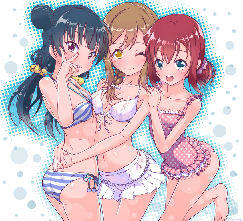 :d ;) alternate_hairstyle aqua_eyes arched_back arms_around_waist ass asymmetrical_docking back bangs barefoot beads bikini bikini_skirt blue_bikini blue_hair blunt_bangs blush braid breast_press breasts brown_hair casual_one-piece_swimsuit closed_mouth collarbone commentary_request cowboy_shot crossover di_gi_charat double_bun feet frilled_swimsuit frills from_side front-tie_bikini front-tie_top gema grin hair_bobbles hair_ornament hair_over_shoulder hair_ribbon hair_scrunchie halftone halterneck hand_on_another's_back hand_up hands_on_another's_shoulders hands_together hug k10k kunikida_hanamaru kurosawa_ruby leg_lift legs_together lens_flare light_smile long_hair looking_at_viewer looking_back love_live! love_live!_sunshine!! low_twintails medium_breasts multiple_girls navel one-piece_swimsuit one_eye_closed open_mouth outline parted_bangs pink_swimsuit polka_dot polka_dot_swimsuit purple_eyes red_hair ribbon scrunchie side-tie_bikini side_bun single_braid small_breasts smile standing standing_on_one_leg striped striped_bikini swimsuit tsushima_yoshiko twintails v v_over_eye white_background white_bikini yellow_eyes