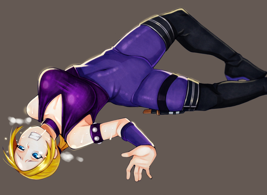 adultonly armlet bad_id bad_pixiv_id black_footwear black_legwear blonde_hair blue_eyes bodysuit boots breasts choker cleavage commentary_request covered_navel grey_background grimace highres large_breasts low_ponytail lying nina_williams on_back ponytail purple_bodysuit saliva skin_tight solo studded_armlet taut_clothes tekken thigh_boots thighhighs vambraces wince