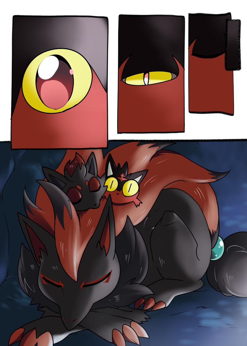 close-up closed_eyes eyes gen_5_pokemon gen_7_pokemon half-closed_eye highres litten looking_at_viewer no_humans pokemon pokemon_(creature) red_eyes sleeping suan_ringo yellow_sclera zoroark zorua