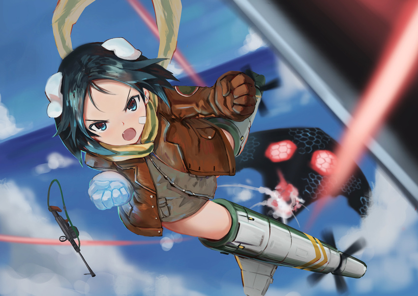 :o animal_ears black_hair blue_eyes brave_witches clenched_hand day fang flying gloves glowing gun jacket kakumayu kanno_naoe laser machine_gun neuroi outdoors scarf solo striker_unit v-shaped_eyebrows weapon world_witches_series