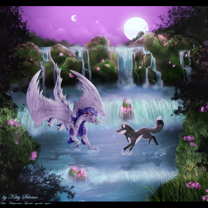 black_bars blue_eyes blue_hair canine detailed_background dragon duo feathered_dragon feathers fur grass grey_fur hair kitty_silence male mammal moon outside sky smile twilight water waterfall white_feathers