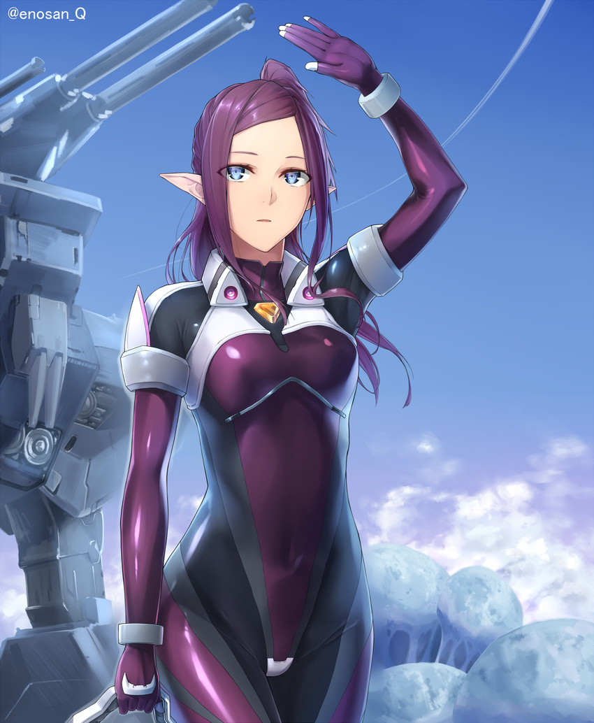 absurdres arm blue_eyes blue_sky bodysuit breasts cloud day energy_cannon enosan gloves helmet highres looking_at_viewer macross macross_delta macross_elysion mecha medium_breasts mirage_farina_jenius pilot_suit pointy_ears purple_bodysuit purple_hair science_fiction signature sky solo spacesuit storm_attacker watermark