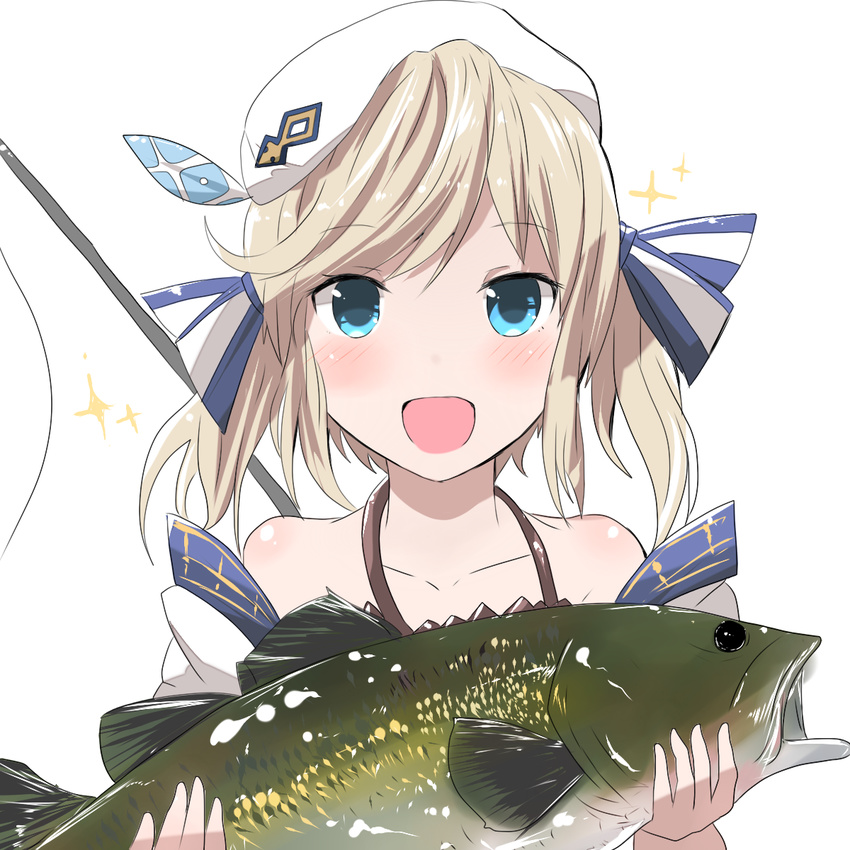 bare_shoulders beret blonde_hair blue_eyes coat commentary_request cucouroux_(granblue_fantasy) fish fishing_rod granblue_fantasy hair_ribbon hat highres kuromu_(underporno) long_hair long_sleeves open_mouth ribbon skirt solo twintails