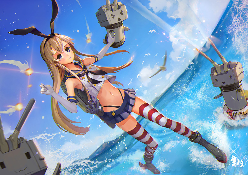 animal bird blonde_hair clouds highres insoom kantai_collection long_hair microskirt midriff navel rensouhou-chan shimakaze_(kantai_collection) sky striped thighhighs thong underwear water