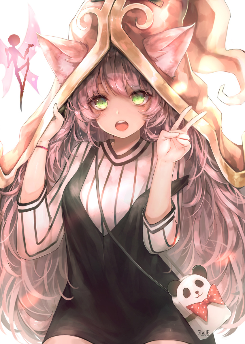 animal_ears bag blush green_eyes handbag hat highres league_of_legends long_hair looking_at_viewer lulu_(league_of_legends) open_mouth pix purple_hair shal.e solo strap_slip v very_long_hair