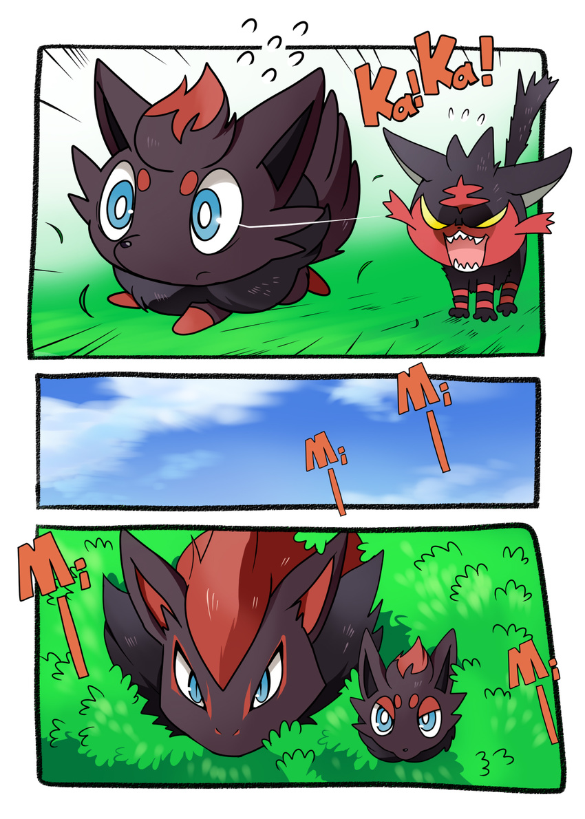 blue_eyes bush flying_sweatdrops gen_5_pokemon gen_7_pokemon highres litten no_humans open_mouth pokemon pokemon_(creature) suan_ringo zoroark zorua