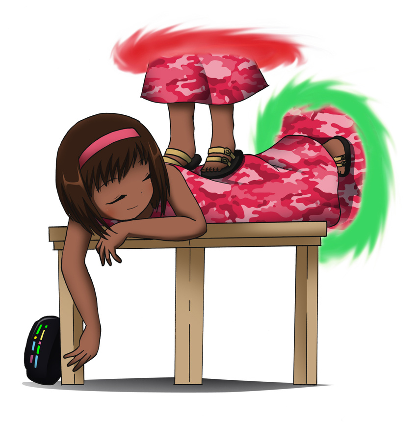 brown_hair dress eyes_closed girl massage now_you're_thinking_with_portals portal sandals smile table