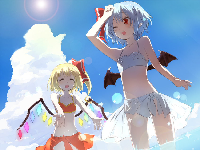 bat_wings bikini blonde_hair blue_hair fang flandre_scarlet flat_chest gochou_(atemonai_heya) lens_flare multiple_girls navel ponytail red_eyes remilia_scarlet short_hair siblings side_ponytail sisters swimsuit touhou wings