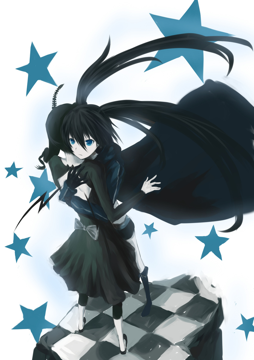 absurdres black_rock_shooter black_rock_shooter_(character) blue_eyes checkered checkered_floor dead_master highres horns hug long_hair multiple_girls star twintails wings xiamianliele