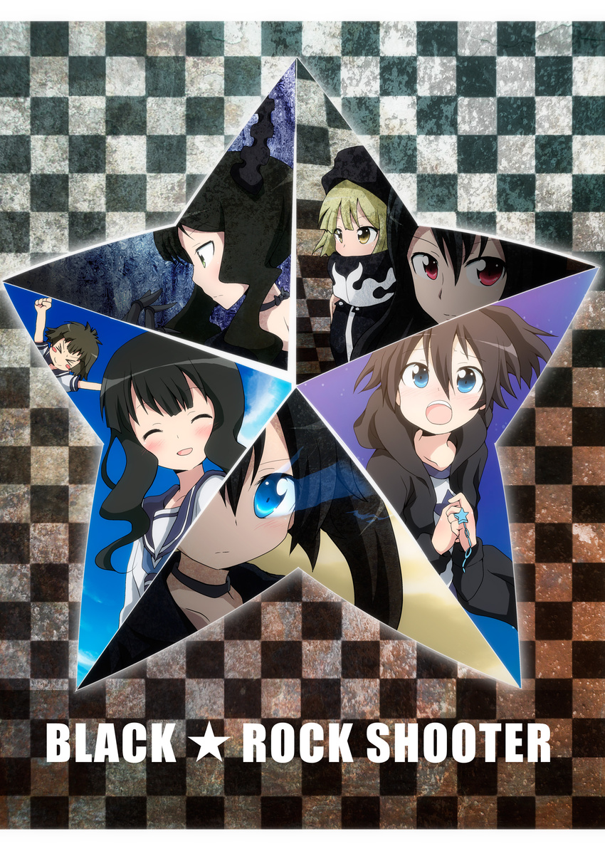 &gt;_&lt; absurdres black_gold_saw black_hair black_rock_shooter black_rock_shooter_(character) blue_eyes blush_stickers burning_eye closed_eyes dead_master glowing glowing_eyes green_eyes highres hood hoodie koutari_yuu kuroi_mato long_hair massala multiple_girls red_eyes school_uniform serafuku short_hair smile star strength_(black_rock_shooter) takanashi_yomi twintails yellow_eyes