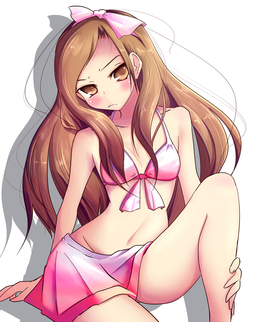 bad_id bad_pixiv_id bare_shoulders bikini bow brown_eyes brown_hair flat_chest gradient_sarong hair_bow highres idolmaster idolmaster_(classic) idolmaster_2 long_hair midriff minase_iori natsu_(anta_tte_hitoha) navel pink_sarong sarong solo swimsuit