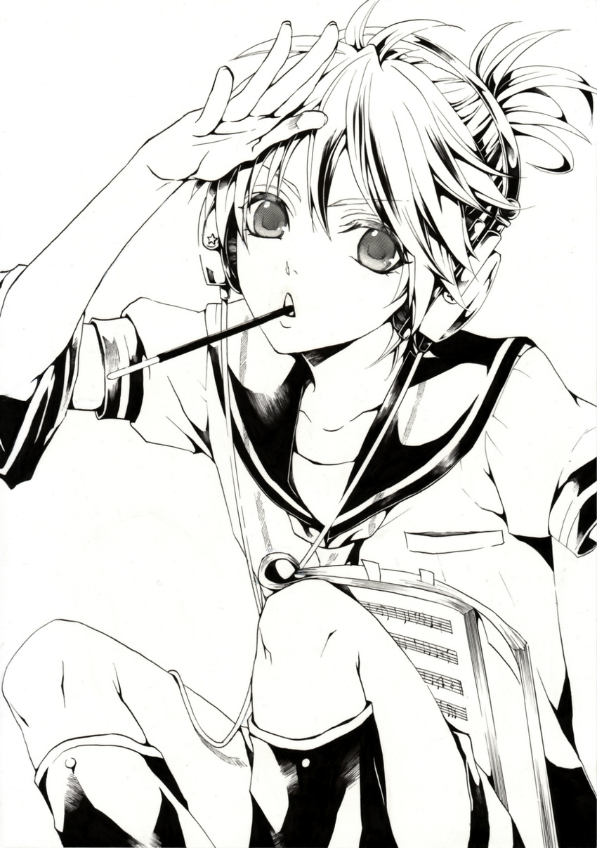 beamed_eighth_notes beamed_sixteenth_notes eighth_rest food greyscale hakuseki headphones highres kagamine_len male_focus monochrome musical_note pocky quarter_note quarter_rest salute sheet_music sixteenth_rest solo vocaloid