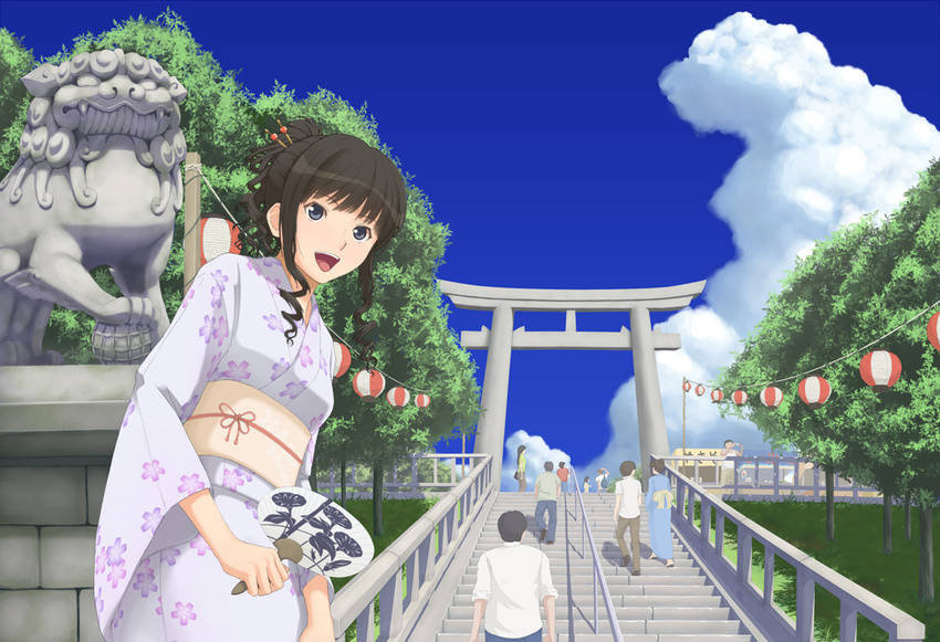 alternate_hairstyle amagami gebo hair_ornament japanese_clothes kimono komainu morishima_haruka scenery solo stairs torii yukata