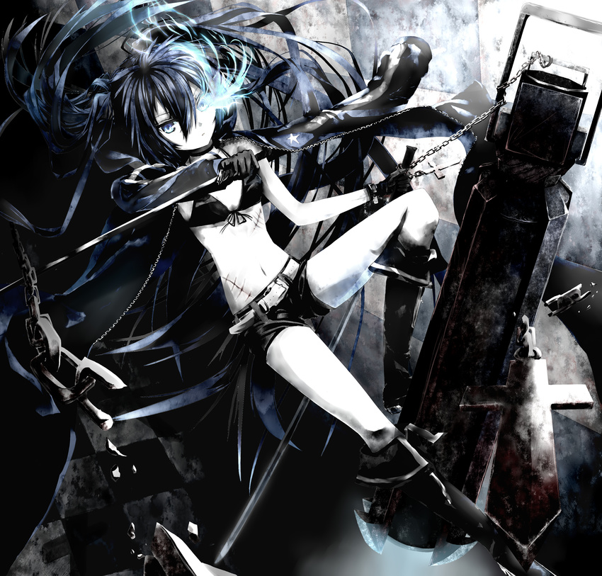 absurdres arm_cannon bad_id bad_pixiv_id bikini_top black_hair black_rock_shooter black_rock_shooter_(character) blue_eyes boots burning_eye chain coat highres jebura long_hair midriff navel pale_skin scar shorts solo sword twintails very_long_hair weapon