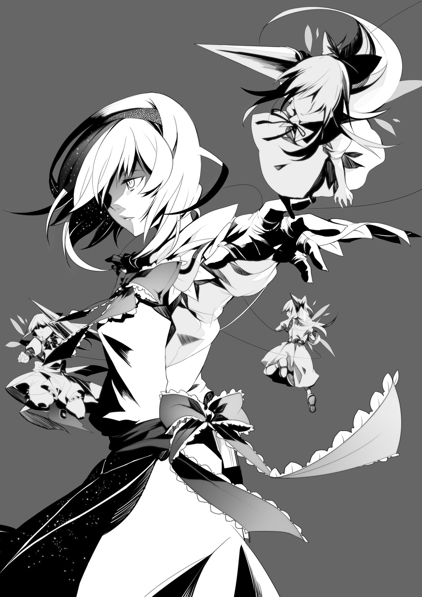 absurdres alice_margatroid bow doll expressionless fairy_wings foreshortening greyscale hair_over_one_eye hairband hands high_contrast highres lance monochrome no_eyes polearm shanghai_doll short_hair slit_pupils solo string touhou tsukimoto_aoi weapon wings