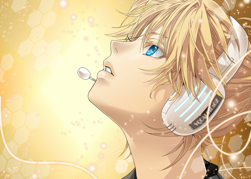 bangs blonde_hair blue_eyes cable colored_eyelashes copyright_name face from_side glowing hakuseki headset honeycomb_(pattern) kagamine_len light_particles looking_up male_focus microphone number parted_lips profile solo vocaloid yellow yellow_background