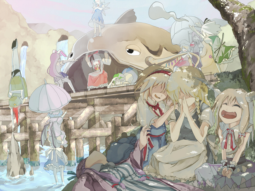 alice_margatroid bad_id bad_pixiv_id carrying catfish cirno everyone fish flandre_scarlet hakurei_reimu handstand hong_meiling ibuki_suika izayoi_sakuya kirisame_marisa koakuma kochiya_sanae konpaku_youmu konpaku_youmu_(ghost) multiple_girls namazu parasol patchouli_knowledge pointing praying reisen_udongein_inaba remilia_scarlet shade shaded_face shoulder_carry standing_on_shoulder tokoroten_(hmmuk) touhou umbrella