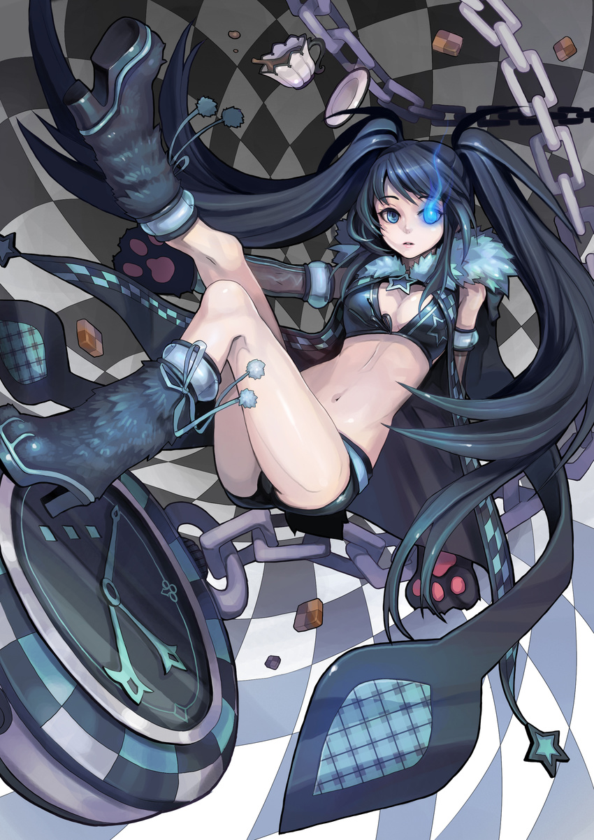 absurdres bangs belt bikini_top black_hair black_rock_shooter black_rock_shooter_(character) blue_eyes boots breasts burning_eye chain checkered checkered_floor chocolate cleavage cup elbow_gloves floating_hair food from_side front-tie_top full_body fur_collar fur_trim gloves glowing glowing_eye gradient high_heel_boots high_heels highres hips knee_boots kneepits leg_up long_hair looking_at_viewer medium_breasts midriff navel open_clothes parted_lips paw_gloves paws pocket_watch pom_pom_(clothes) racoona saucer short_shorts shorts solo spill star swept_bangs teacup twintails very_long_hair watch