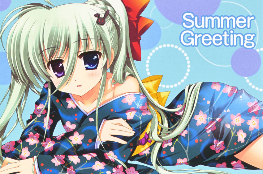 blue_eyes blue_kimono einhart_stratos fujima_takuya green_hair heterochromia highres japanese_clothes kimono lyrical_nanoha mahou_shoujo_lyrical_nanoha_vivid off_shoulder official_art scan solo yukata