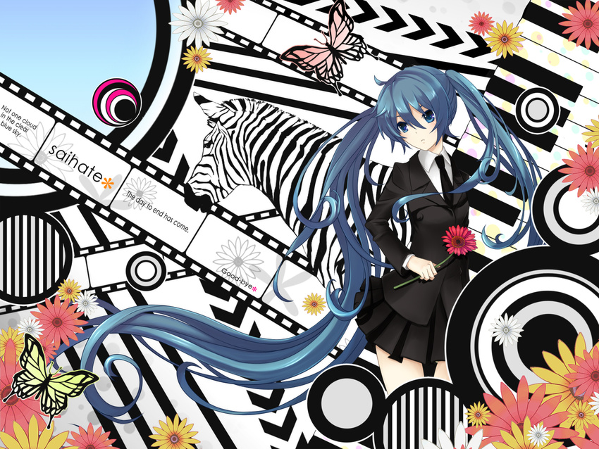 bad_id bad_pixiv_id blue_eyes blue_hair bug butterfly flower formal hatsune_miku insect long_hair merlusa necktie saihate_(vocaloid) skirt solo twintails very_long_hair vocaloid zebra