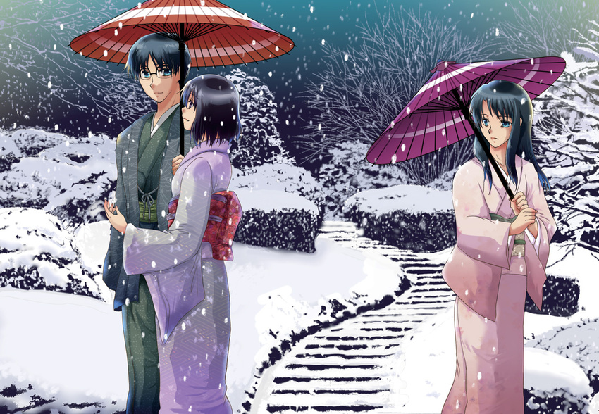 2girls black_hair couple hetero japanese_clothes kara_no_kyoukai kimono kokutou_azaka kokutou_mikiya long_hair multiple_girls oriental_umbrella ryougi_shiki shared_umbrella short_hair snow umbrella winter yonomori_mayu