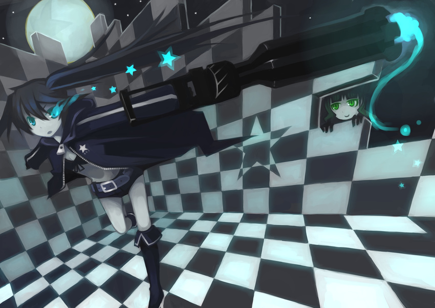 absurdres arm_cannon belt black_hair black_rock_shooter black_rock_shooter_(character) blue_eyes boots burning_eye checkered coat dead_master glowing glowing_eyes green_eyes highres long_hair multiple_girls ryoyouya shorts smile star twintails weapon zipper