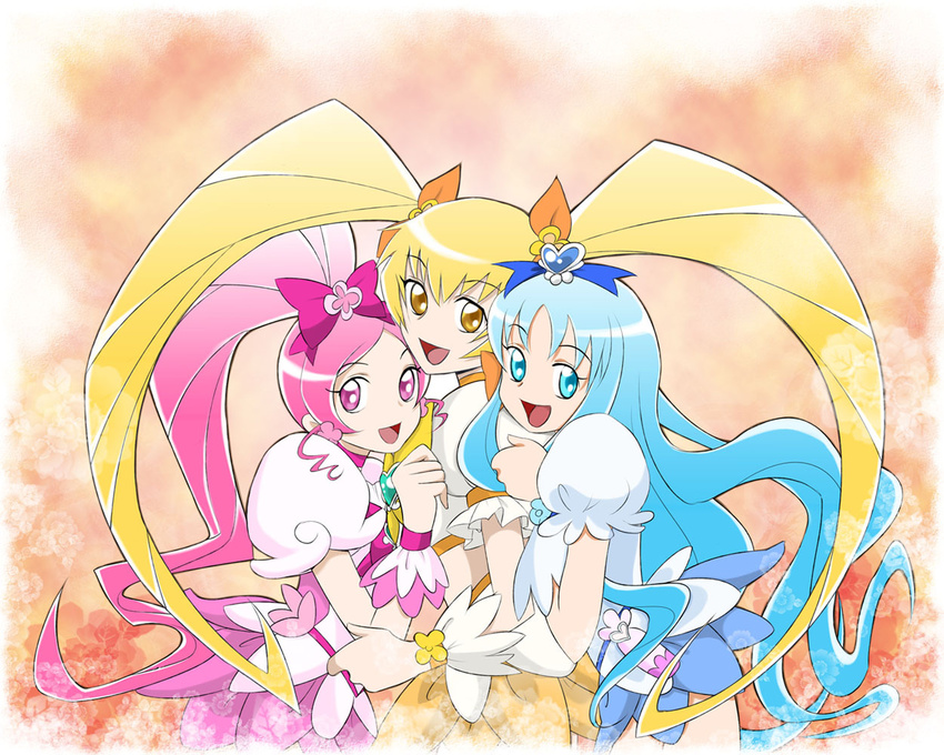 blonde_hair blue_eyes blue_hair blue_skirt bow choker cure_blossom cure_marine cure_sunshine hair_ribbon hanasaki_tsubomi heart heartcatch_precure! kurumi_erika long_hair magical_girl multiple_girls myoudouin_itsuki orange_background orange_bow orange_choker pink_bow pink_choker pink_eyes pink_hair pink_skirt ponytail precure rainbow_order ribbon sabachiyo_land skirt twintails yellow_eyes yellow_skirt