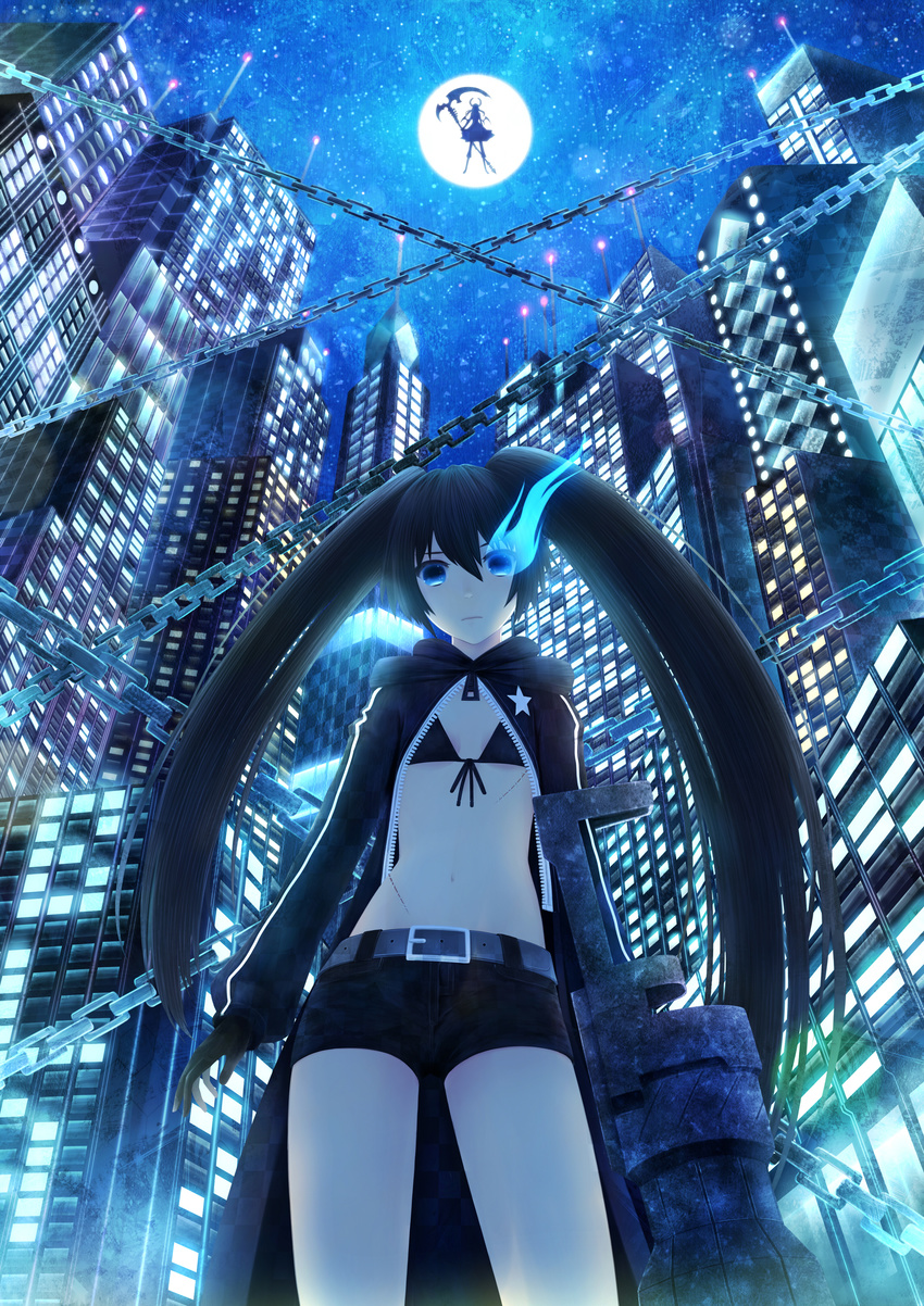 absurdres arm_cannon bikini_top black_hair black_rock_shooter black_rock_shooter_(character) blue_eyes burning_eye chain cityscape coat dead_master from_below full_moon glowing glowing_eyes highres long_hair midriff moon navel pale_skin sakimori_(hououbds) scar shorts solo twintails very_long_hair weapon